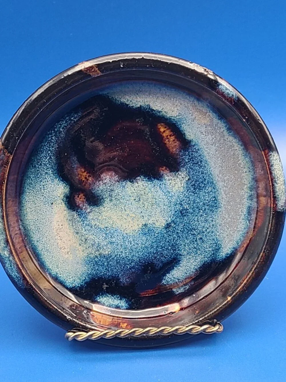 Studio Art Pottery Small Round Dishes Blue Brown Cream Glazed Set of 4